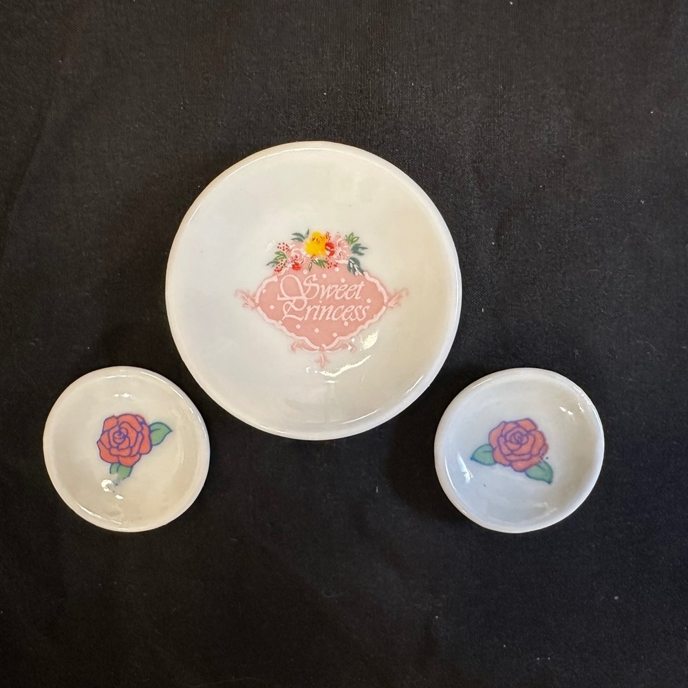 Vintage Miniature Ceramic Dollhouse Plates Sweet Princess Rose Set of 3 White